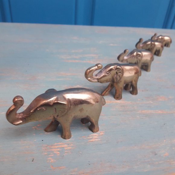 Elephants Vintage Brass Set of 5 Figurine Animals MCM Handmade Mid Century Gold - Picture 5 of 13